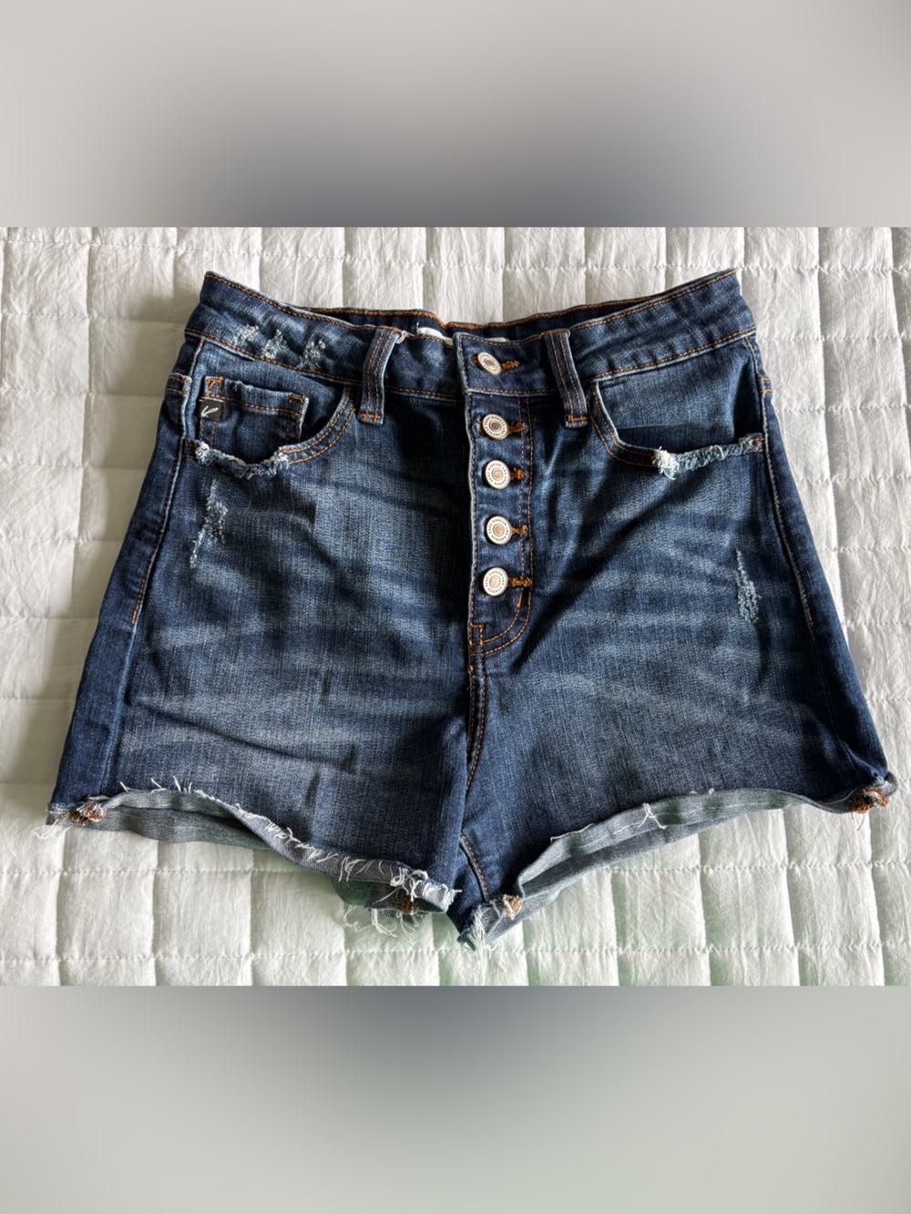 KanCan Dark Blue Distressed Button-Front Denim Shorts